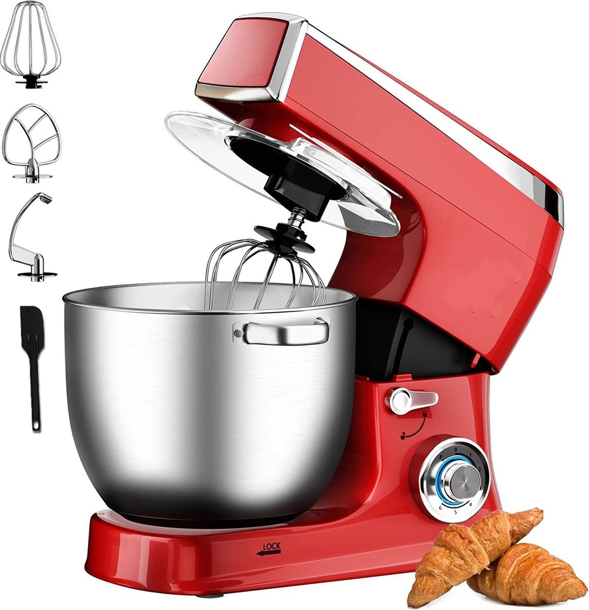 Planetary Mixer With Blender, Meat Grinder, Whisk, Dough Hook, Mixing Hook, Pan Scraper, With Splash Guard & Stainless Steel Mixing Bowl 7.5 L- 2100W - Red - Royalty Line