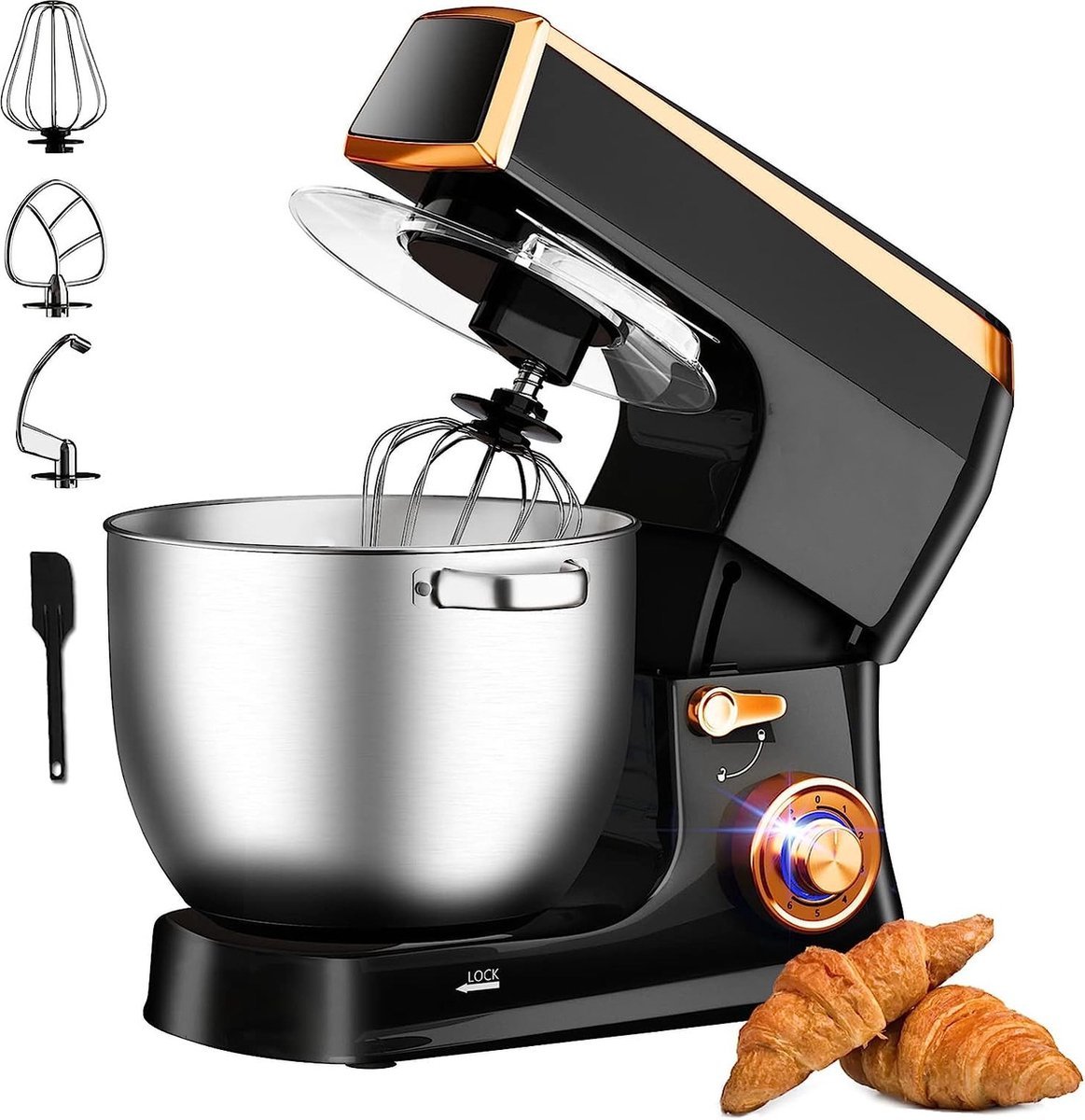 Planetary Mixer With Blender, Meat Grinder, Whisk, Dough Hook, Mixing Hook, Pan Scraper, With Splash Guard & Stainless Steel Mixing Bowl 7.5 L- 2100W - Black - Royalty Line